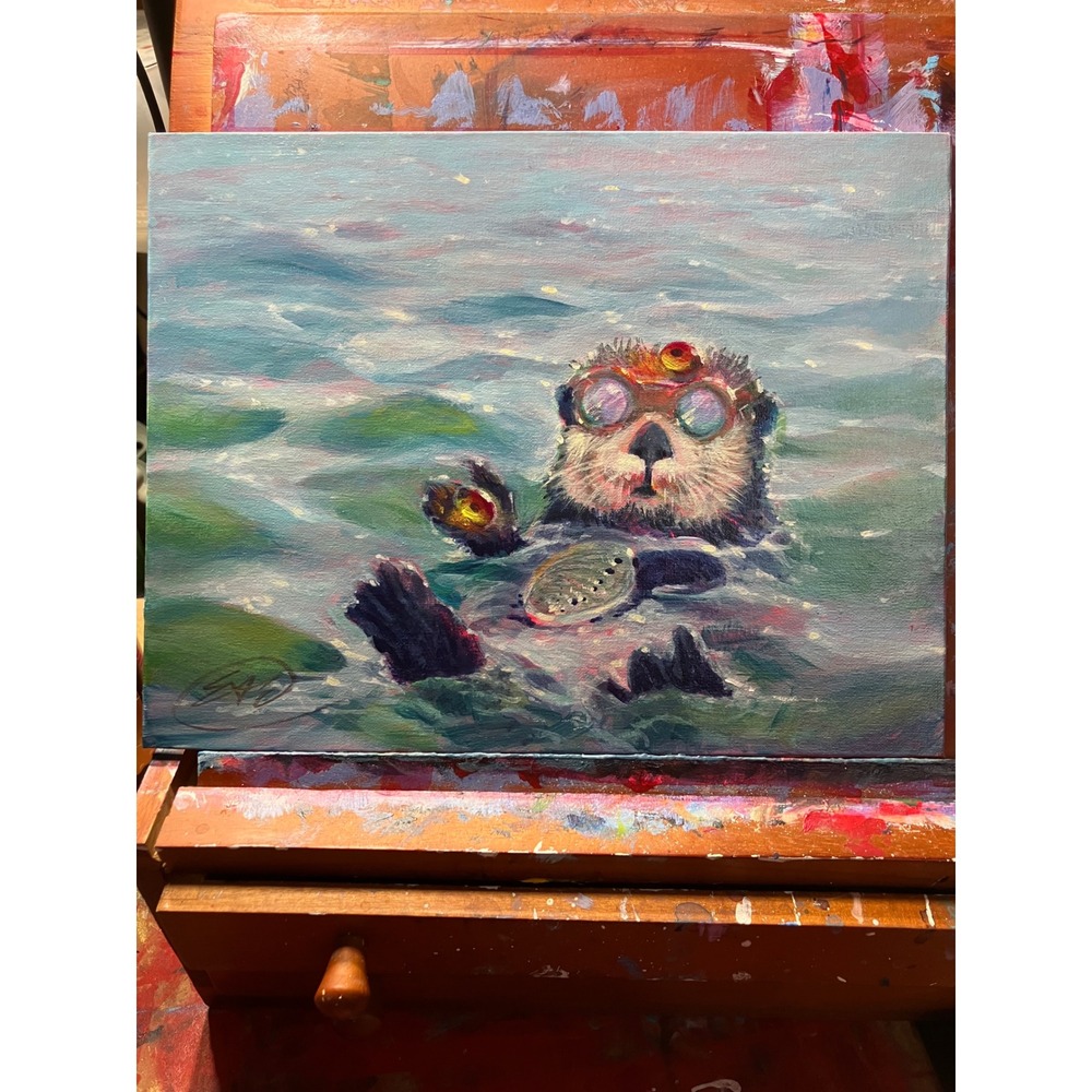 Artettina Otter in goggles Original Painting Sea Life surrealism wildlife USA - Picture 4 of 8